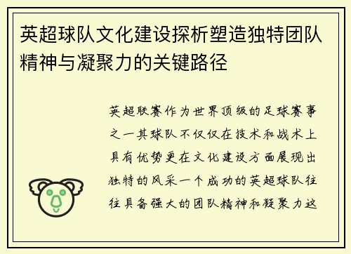 英超球队文化建设探析塑造独特团队精神与凝聚力的关键路径