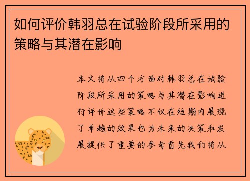 如何评价韩羽总在试验阶段所采用的策略与其潜在影响 如何评价韩羽总在试验阶段所采用的策略与其潜在影响